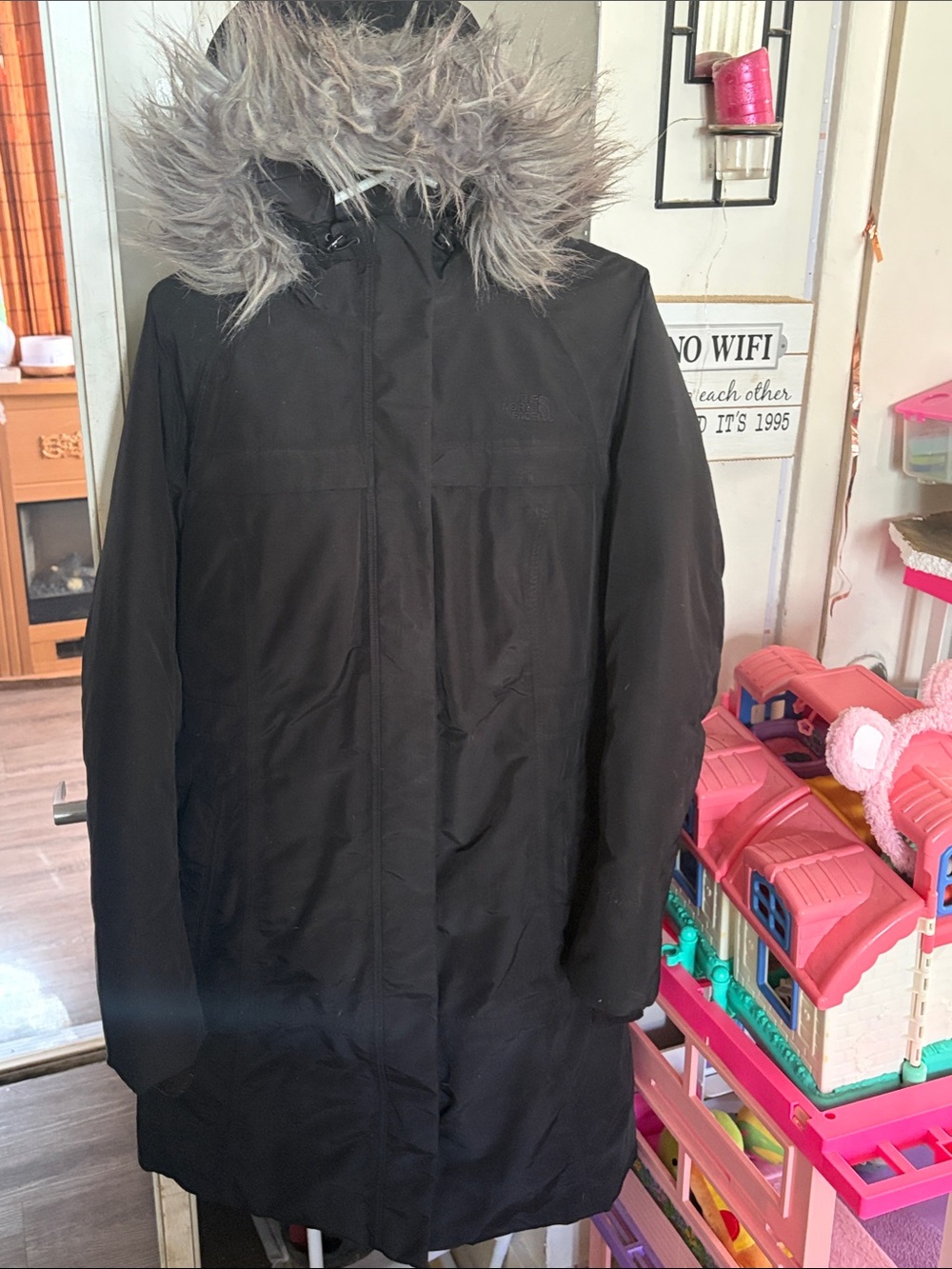 The North Face Black Long Hooded Trench Coat with Gray Faux-Fur Trim